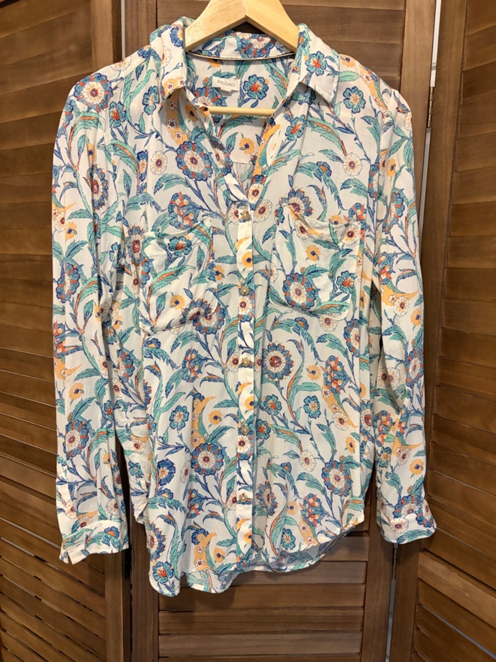 Pilcro Floral Button-Up Blouse in Cream, Blue and Yellow